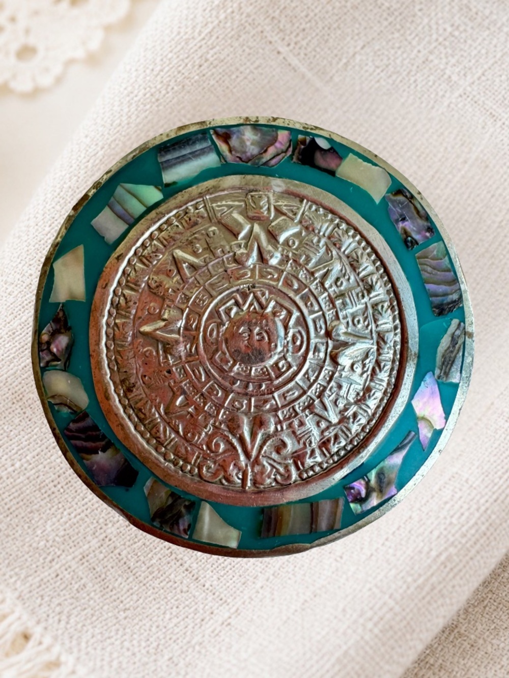 Vintage Mexican Aztec Calendar Brooch Pendant Alpaca Silver Abalone Shell Inlay